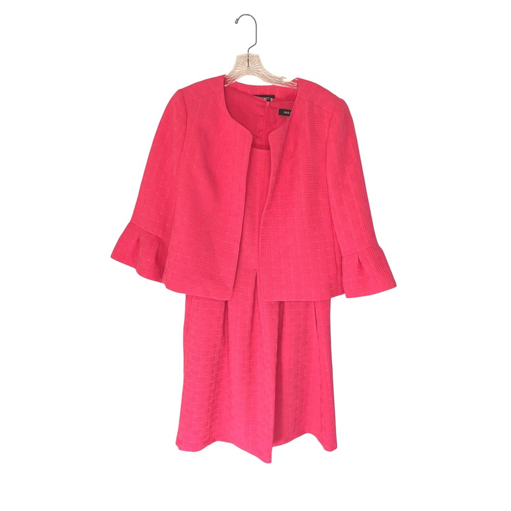 Nine West Dress Blazer Set Pink Textured Pleated Bell Sleeve Office Work Size 10